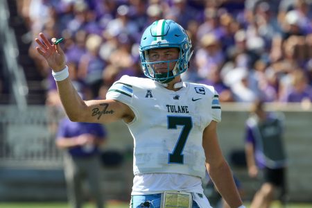 Sep 17, 2022; Manhattan, Kansas, USA; Tulane Green Wave quarterback Michael Pratt (7) waits for a play from the sideline during the second quarter against the Kansas State Wildcats at Bill Snyder Family Football Stadium.