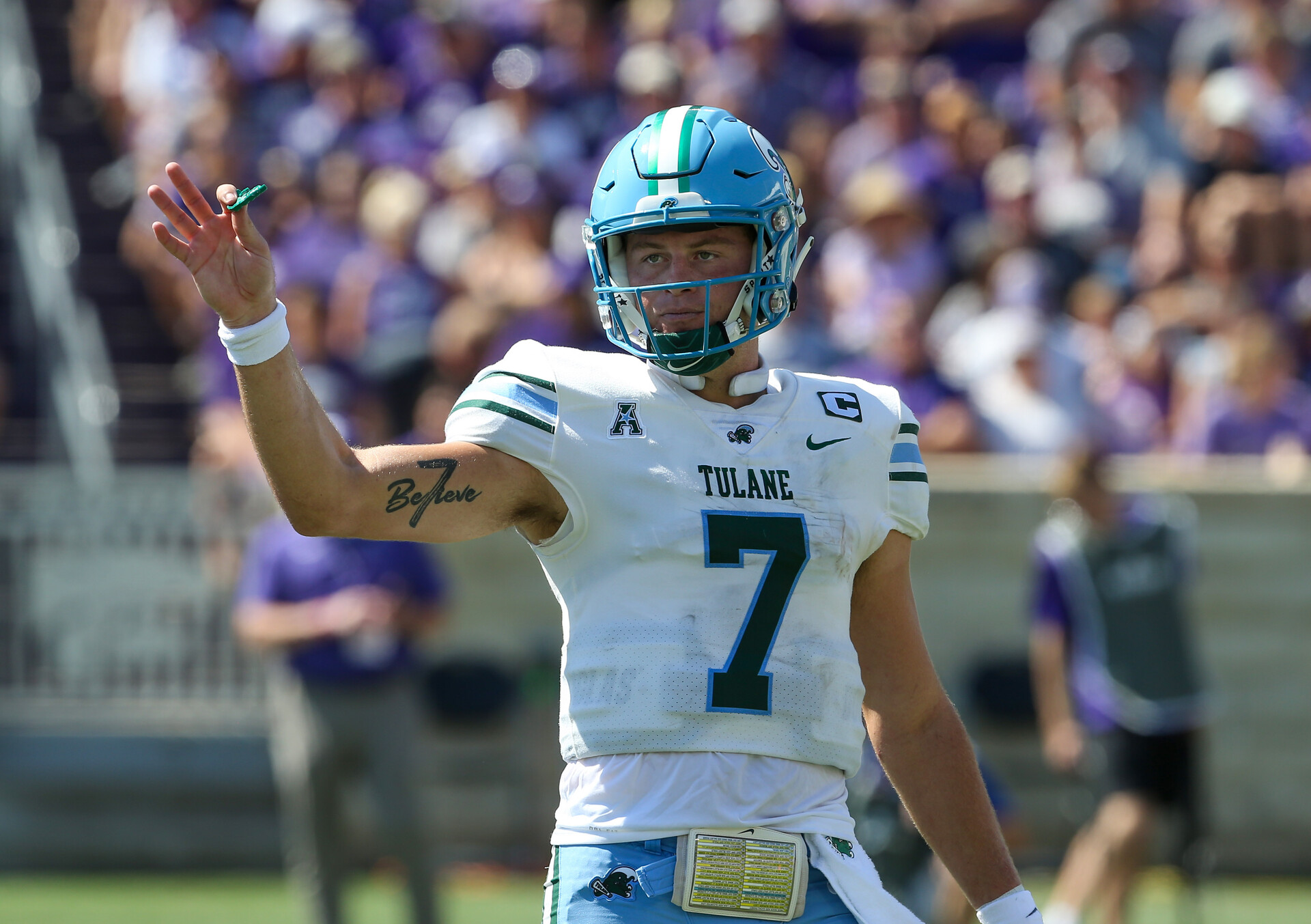 Sep 17, 2022; Manhattan, Kansas, USA; Tulane Green Wave quarterback Michael Pratt (7) waits for a play from the sideline during the second quarter against the Kansas State Wildcats at Bill Snyder Family Football Stadium.