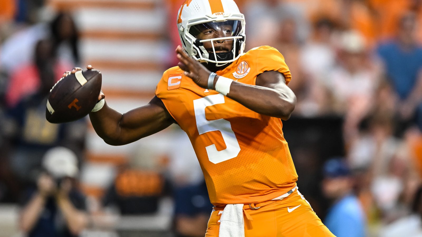 Sep 17, 2022; Knoxville, Tennessee, USA; Tennessee Volunteers quarterback Hendon Hooker (5) throws the ball during the first half against the Akron Zips at Neyland Stadium.