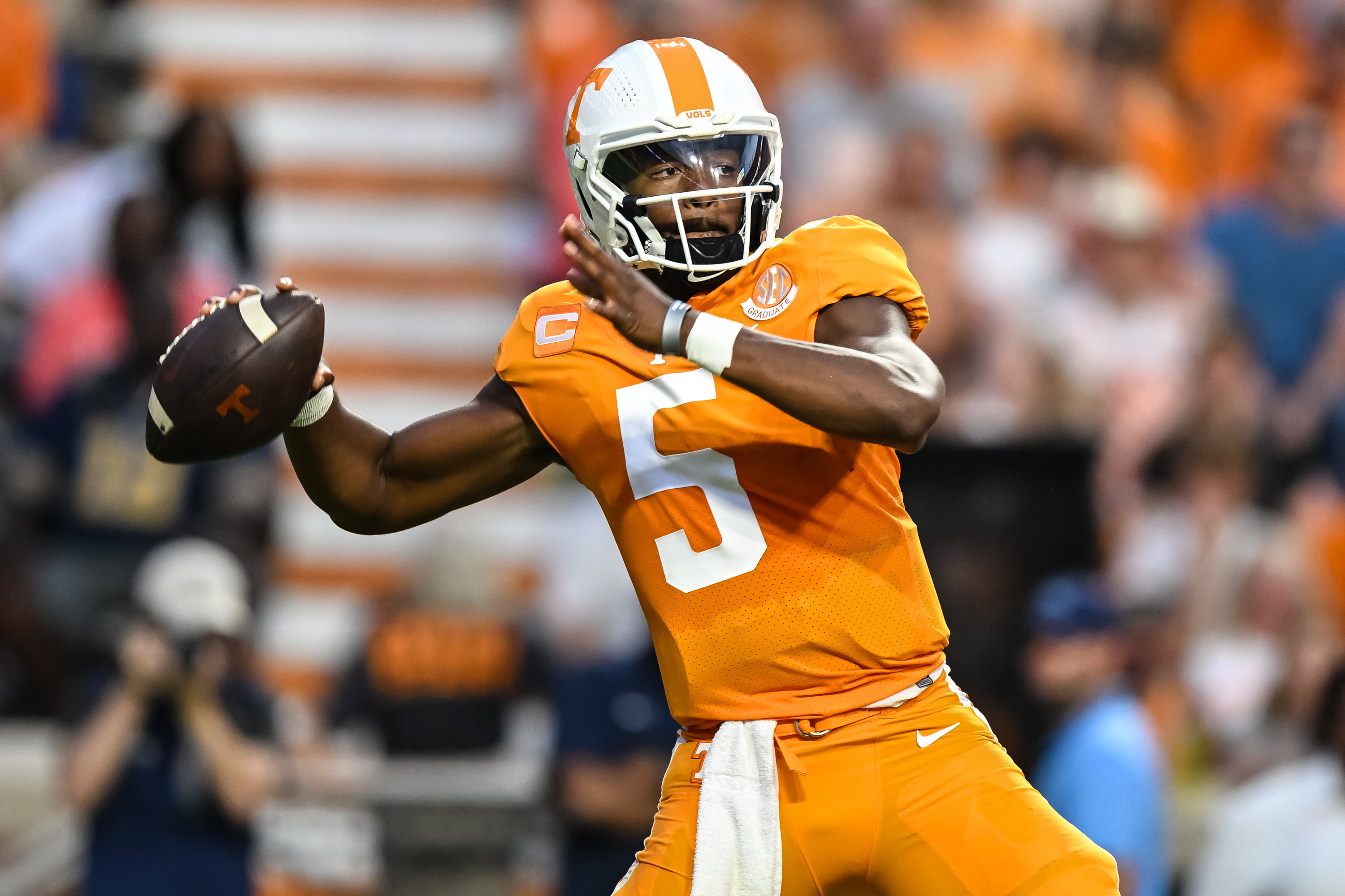 Sep 17, 2022; Knoxville, Tennessee, USA; Tennessee Volunteers quarterback Hendon Hooker (5) throws the ball during the first half against the Akron Zips at Neyland Stadium.