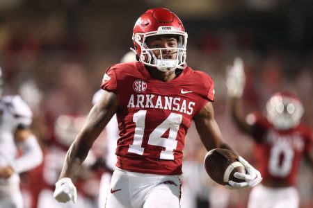 Sep 17, 2022; Fayetteville, Arkansas, USA; Arkansas Razorbacks punt returner Bryce Stephens (14) returns a punt for a touchdown against the Missouri State Bears in the fourth quarter at Donald W. Reynolds Razorback Stadium. Arkansas won 38-27.