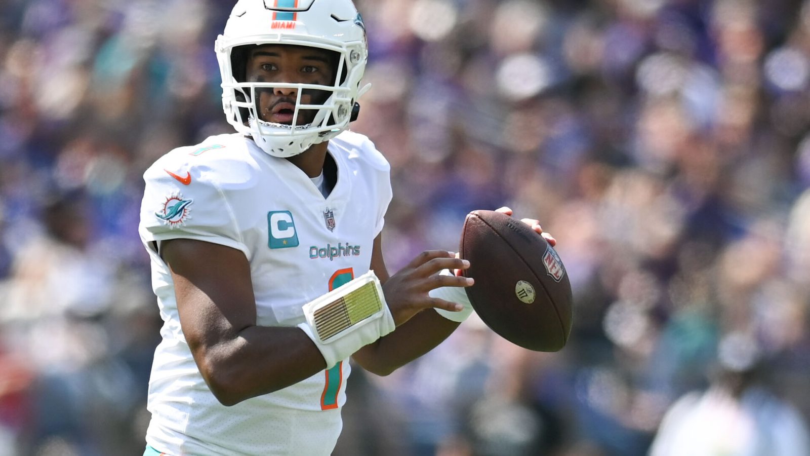 Sep 18, 2022; Baltimore, Maryland, USA; Miami Dolphins quarterback Tua Tagovailoa (1) looks to throw during the first half against the Baltimore Ravens at M&T Bank Stadium.