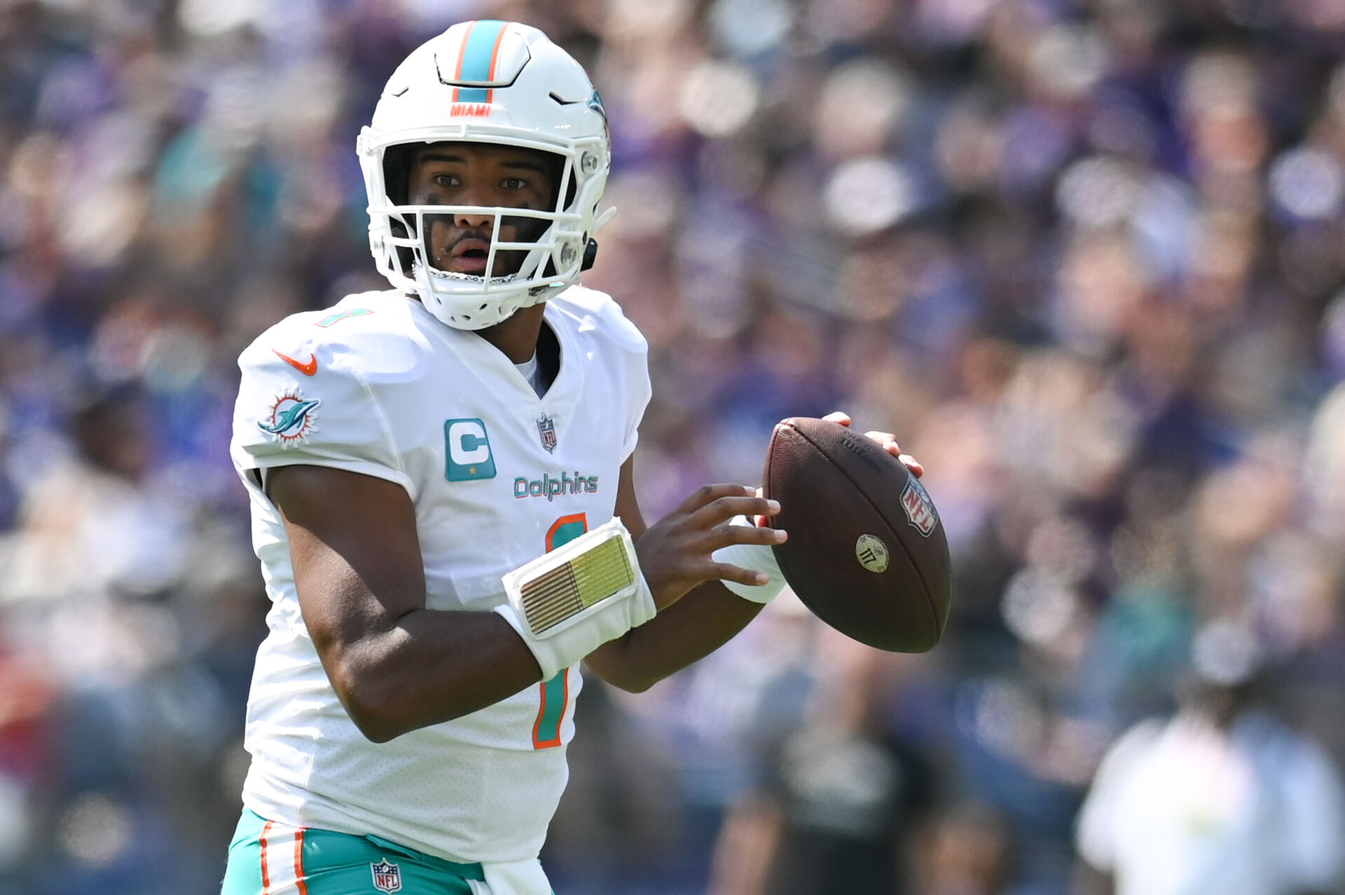 Sep 18, 2022; Baltimore, Maryland, USA; Miami Dolphins quarterback Tua Tagovailoa (1) looks to throw during the first half against the Baltimore Ravens at M&T Bank Stadium.