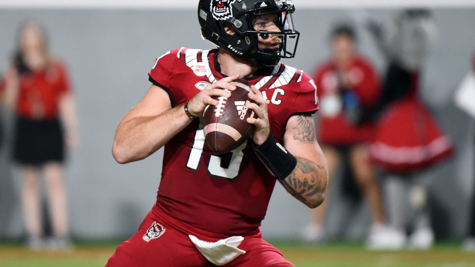 Sep 24, 2022; Raleigh, North Carolina, USA; North Carolina State Wolfpack quarterback Devin Leary (13) looks to throw during the first half against the Connecticut Huskies at Carter-Finley Stadium.