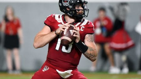 Sep 24, 2022; Raleigh, North Carolina, USA; North Carolina State Wolfpack quarterback Devin Leary (13) looks to throw during the first half against the Connecticut Huskies at Carter-Finley Stadium.