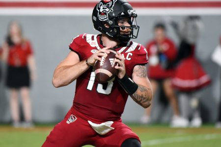 Sep 24, 2022; Raleigh, North Carolina, USA; North Carolina State Wolfpack quarterback Devin Leary (13) looks to throw during the first half against the Connecticut Huskies at Carter-Finley Stadium.