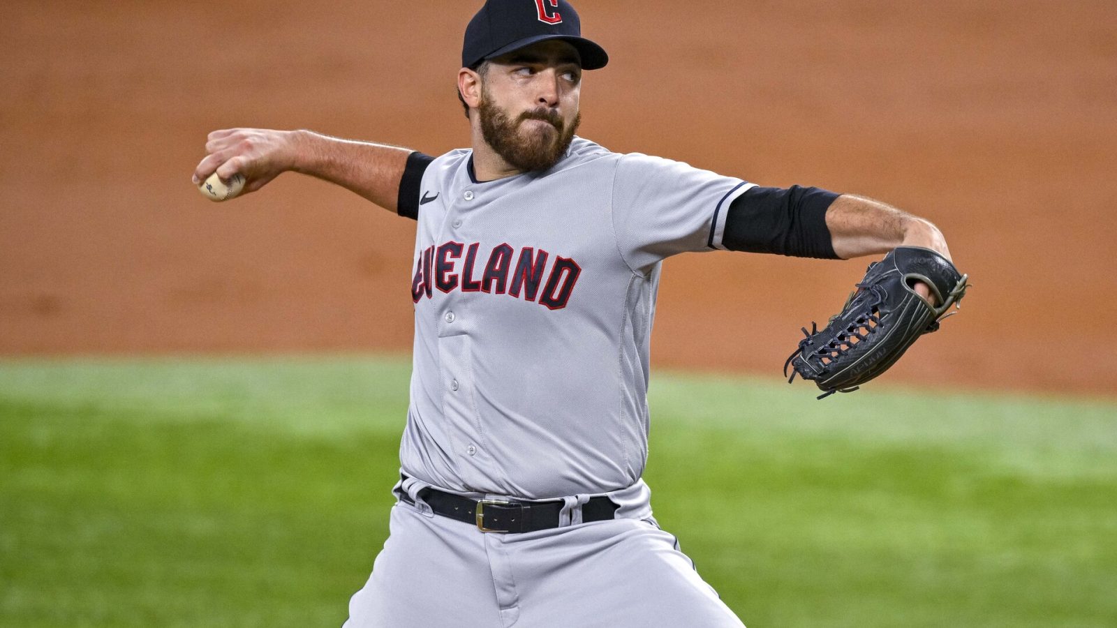 Sep 25, 2022; Arlington, Texas, USA; Cleveland Guardians starting pitcher Aaron Civale (43) pitches against the Texas Rangers during the second inning at Globe Life Field.