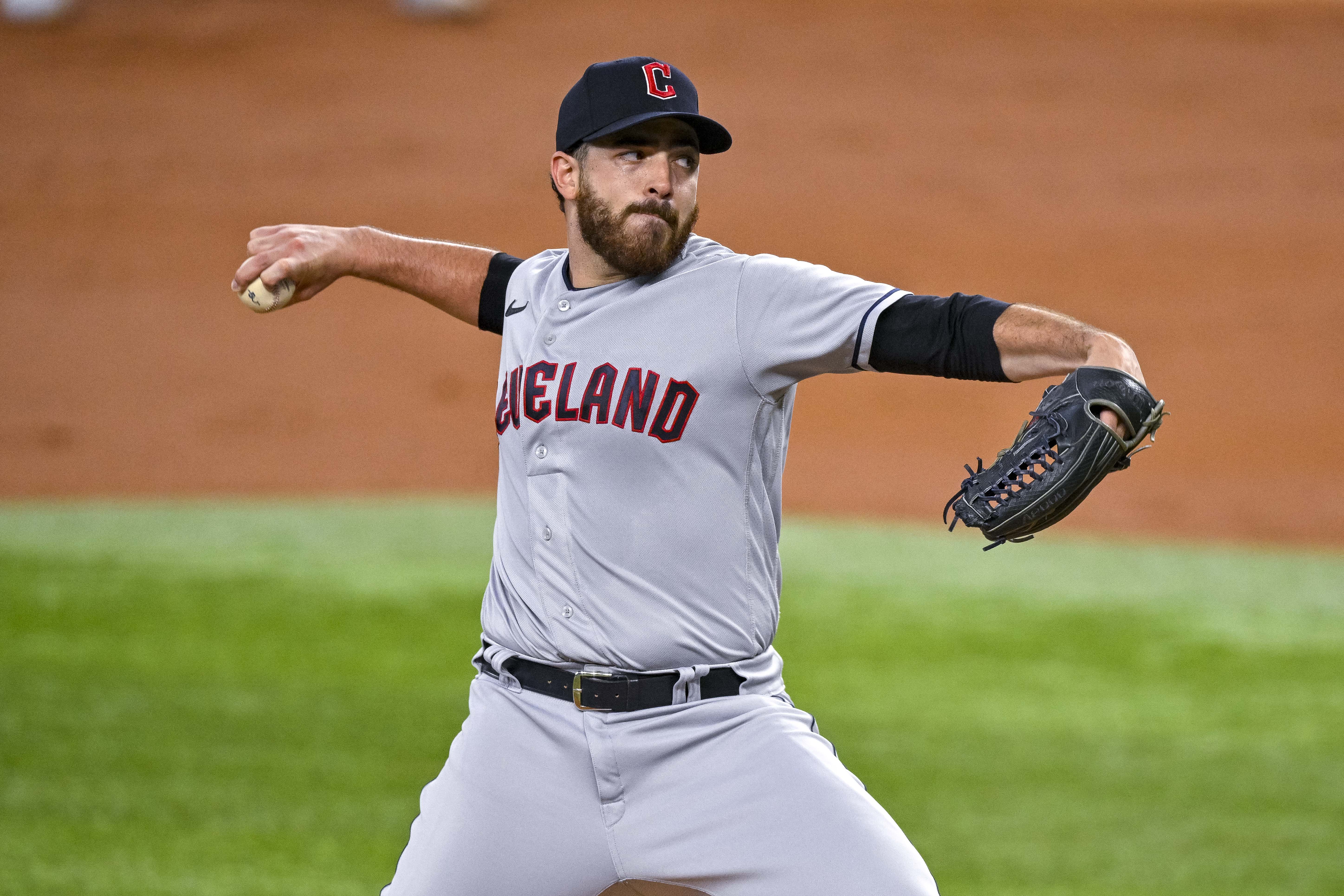 Sep 25, 2022; Arlington, Texas, USA; Cleveland Guardians starting pitcher Aaron Civale (43) pitches against the Texas Rangers during the second inning at Globe Life Field.