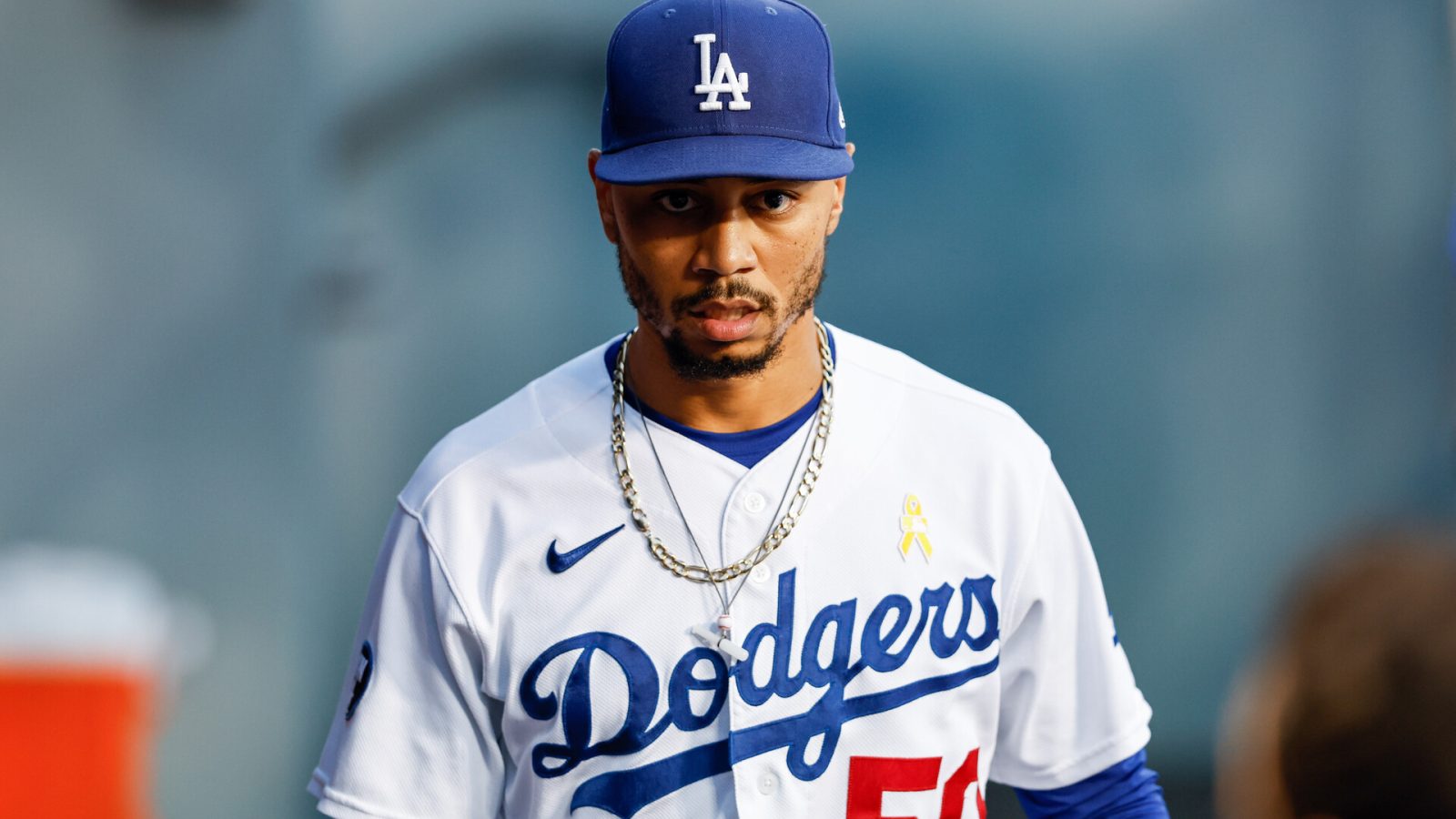 Mookie Betts #50 of the Los Angeles Dodgers looks on before the game between the San Diego Padres and the Los Angeles Dodgers at Dodgers Stadium on Friday, September 2, 2022 in Los Angeles, California.