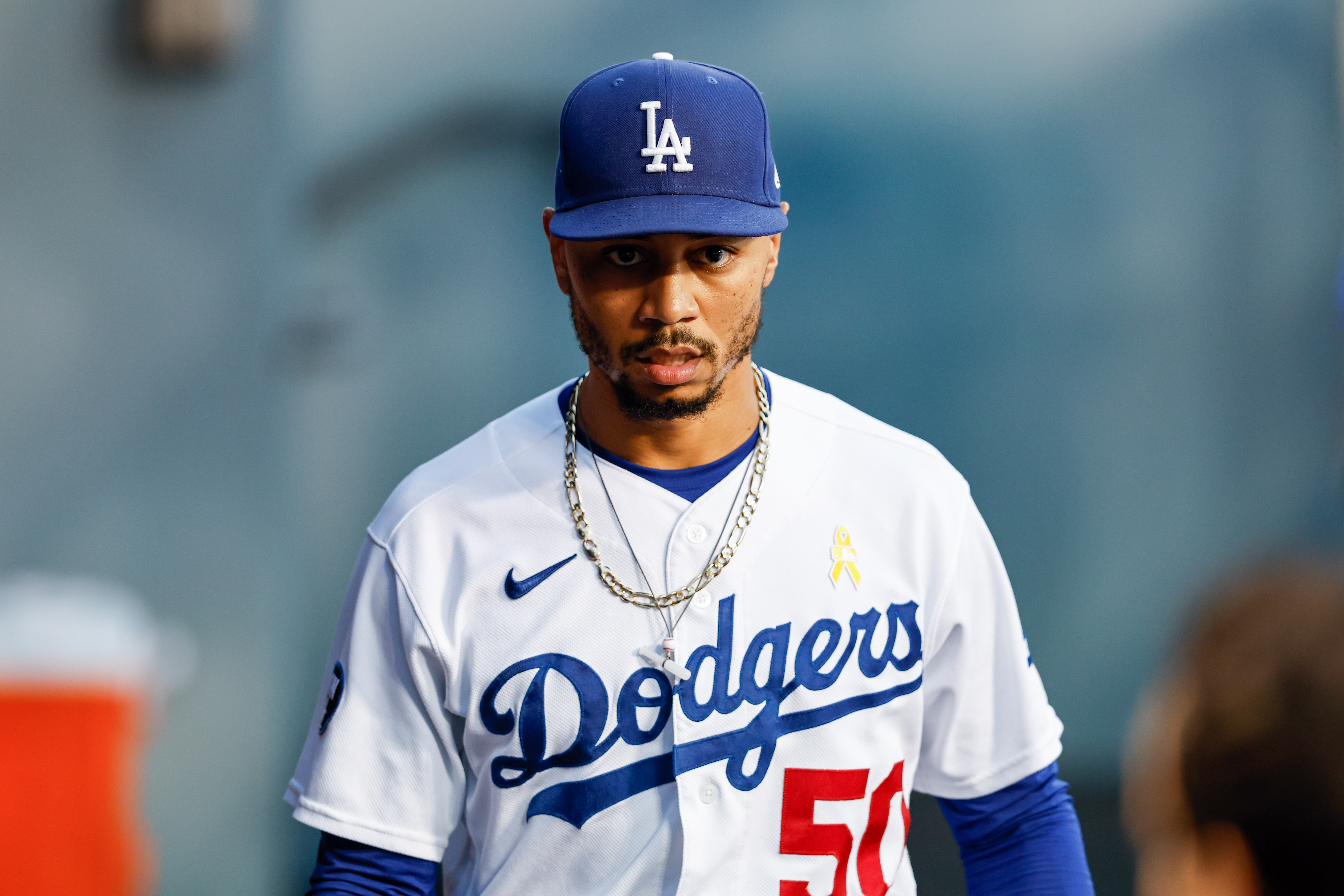 Mookie Betts #50 of the Los Angeles Dodgers looks on before the game between the San Diego Padres and the Los Angeles Dodgers at Dodgers Stadium on Friday, September 2, 2022 in Los Angeles, California.