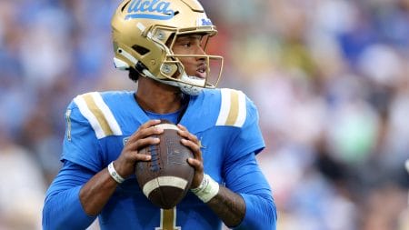 Dorian Thompson-Robinson #1 of the UCLA Bruins passes in the pocket during a 34-31 loss to the Oregon Ducks at Rose Bowl on October 23, 2021 in Pasadena, California.