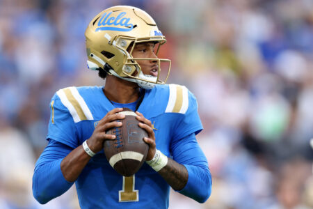 Dorian Thompson-Robinson #1 of the UCLA Bruins passes in the pocket during a 34-31 loss to the Oregon Ducks at Rose Bowl on October 23, 2021 in Pasadena, California.