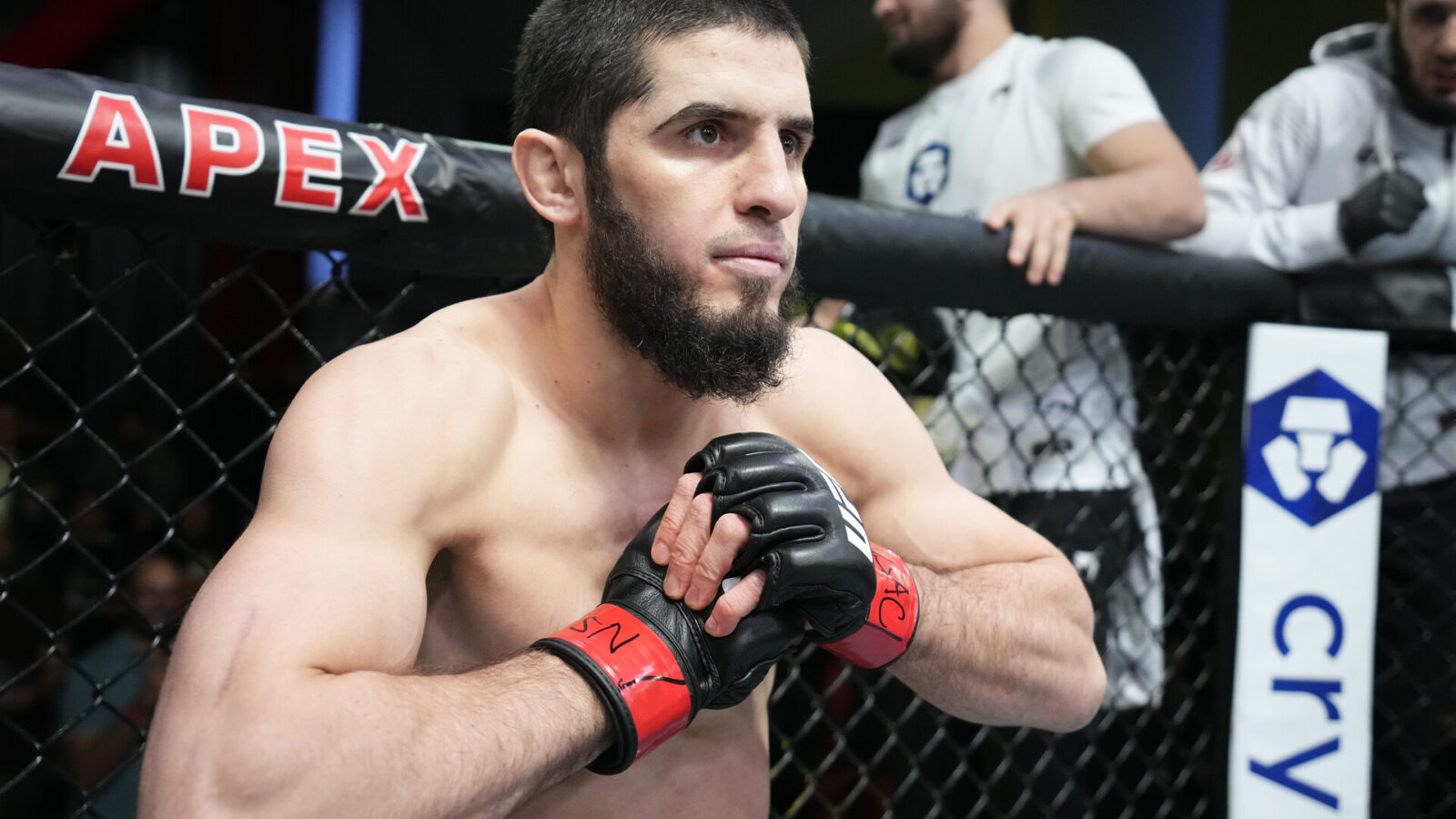 Islam Makhachev of Russia prepares to fight Bobby Green in their lightweight fight during the UFC Fight Night event at UFC APEX on February 26, 2022 in Las Vegas, Nevada.