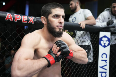 Islam Makhachev of Russia prepares to fight Bobby Green in their lightweight fight during the UFC Fight Night event at UFC APEX on February 26, 2022 in Las Vegas, Nevada.
