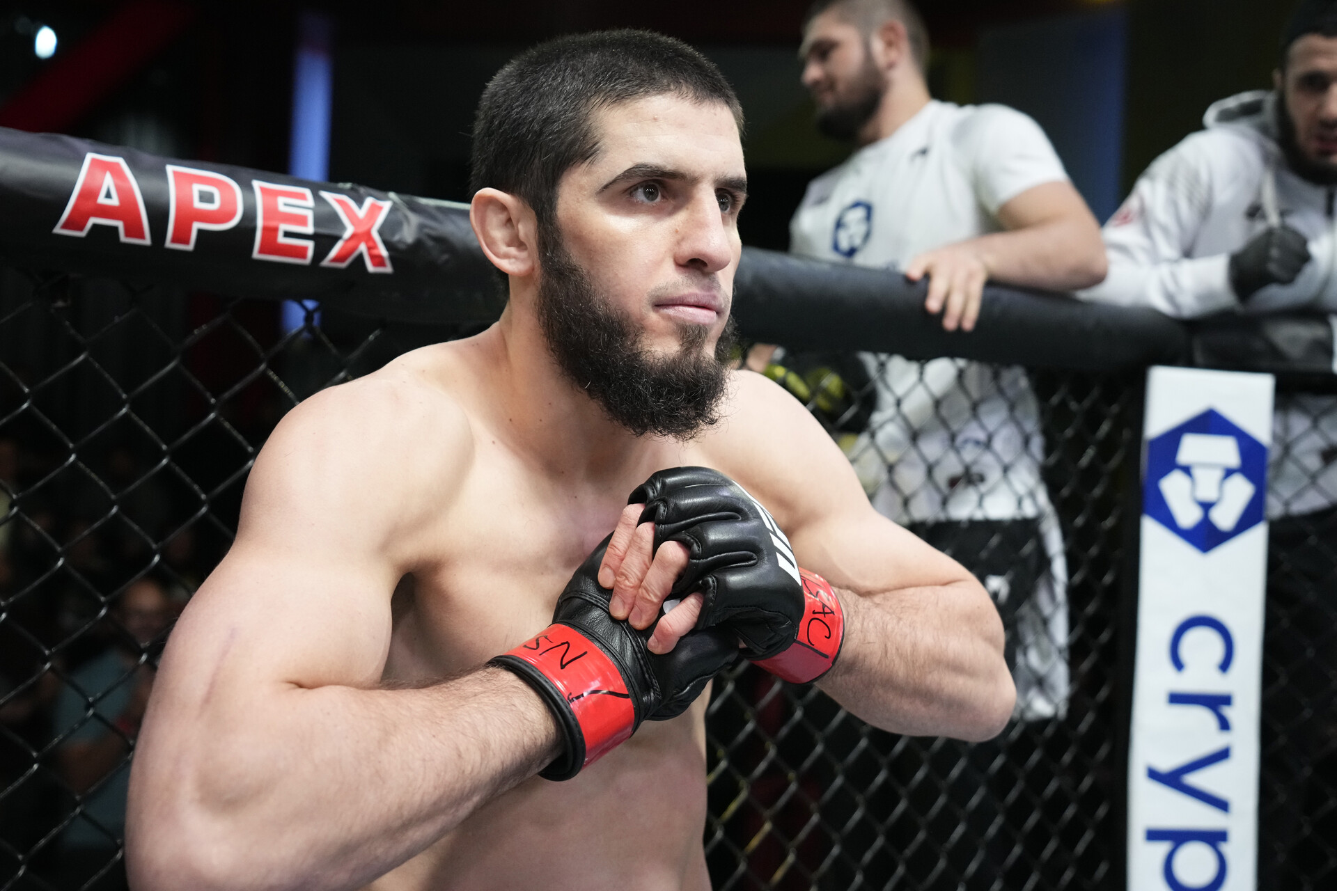 Islam Makhachev of Russia prepares to fight Bobby Green in their lightweight fight during the UFC Fight Night event at UFC APEX on February 26, 2022 in Las Vegas, Nevada.