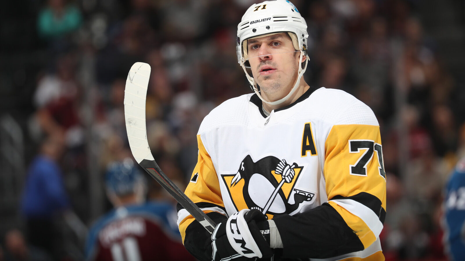 Evgeni Malkin #71 of the Pittsburgh Penguins looks on against the Colorado Avalanche at Ball Arena on April 2, 2022 in Denver, Colorado.
