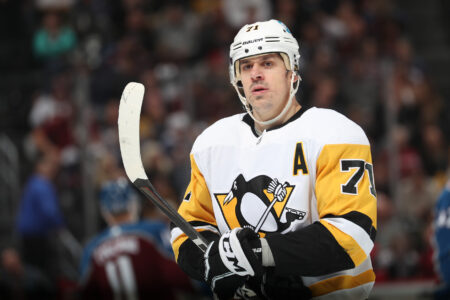 Evgeni Malkin #71 of the Pittsburgh Penguins looks on against the Colorado Avalanche at Ball Arena on April 2, 2022 in Denver, Colorado.