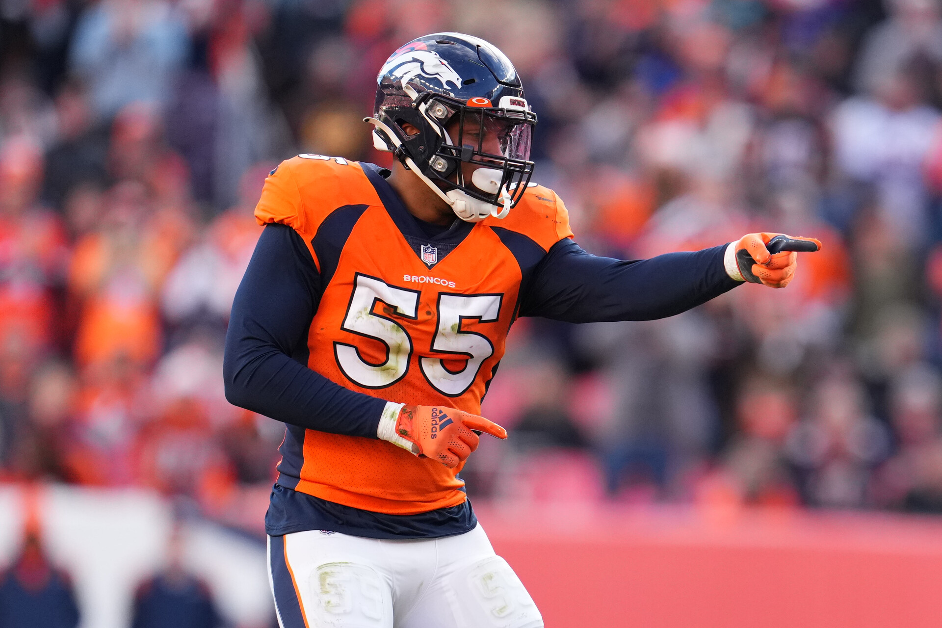 Bradley Chubb #55 of the Denver Broncos gets set against the Cincinnati Bengals during an NFL game at Empower Field At Mile High on December 19, 2021 in Denver, Colorado.