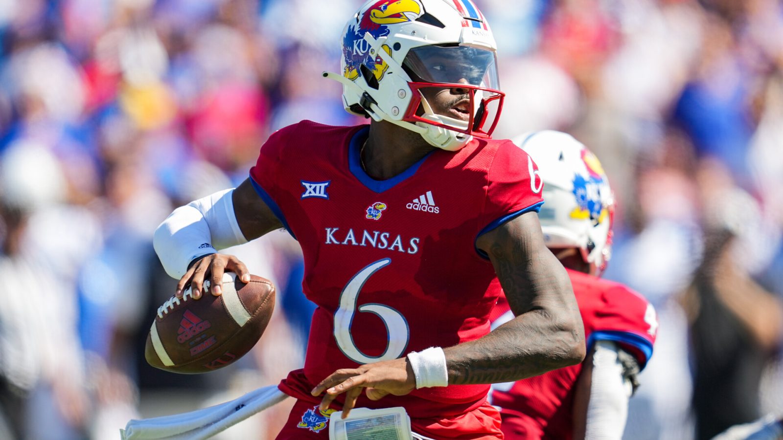 Jalon Daniels #6 of the Kansas Jayhawks throws a pass during the second half against the Duke Blue Devils at David Booth Kansas Memorial Stadium on September 24, 2022 in Lawrence, Kansas.