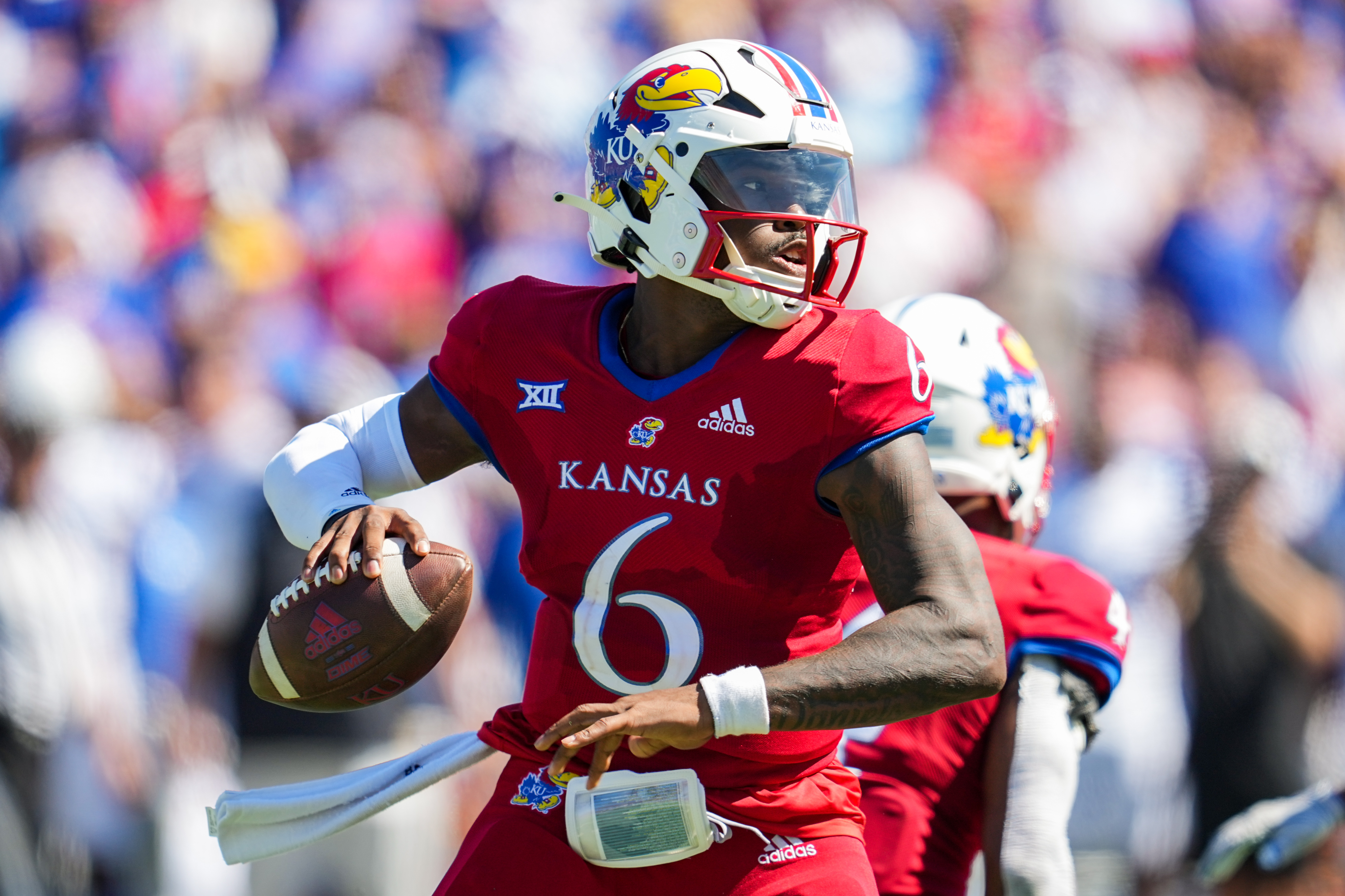 Jalon Daniels #6 of the Kansas Jayhawks throws a pass during the second half against the Duke Blue Devils at David Booth Kansas Memorial Stadium on September 24, 2022 in Lawrence, Kansas.