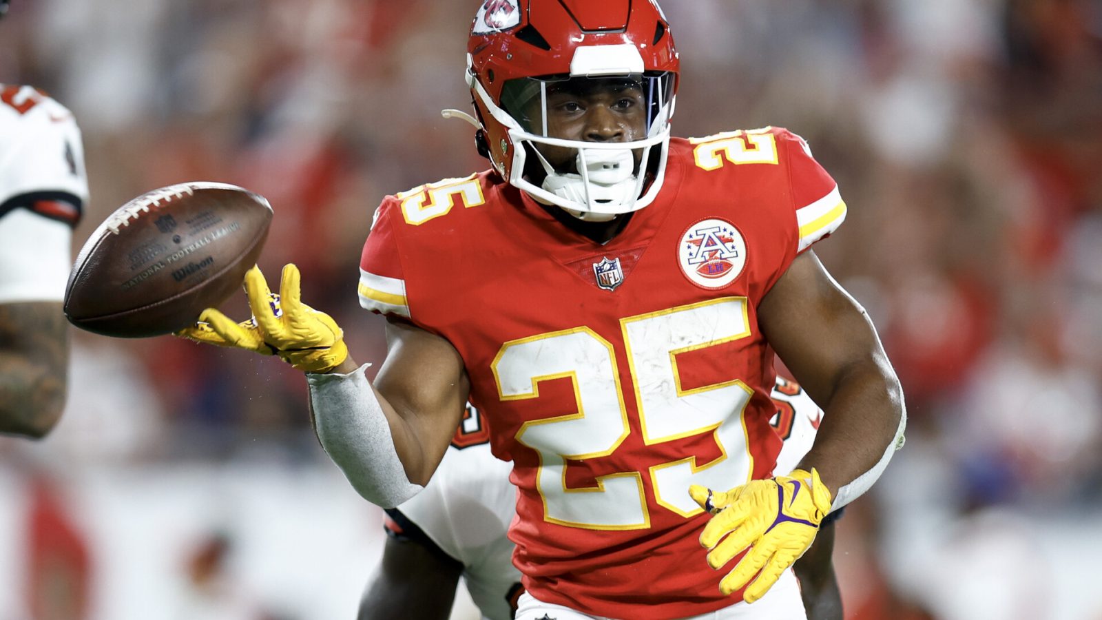 Clyde Edwards-Helaire #25 of the Kansas City Chiefs reacts against the Tampa Bay Buccaneers during the first quarter at Raymond James Stadium on October 02, 2022 in Tampa, Florida.