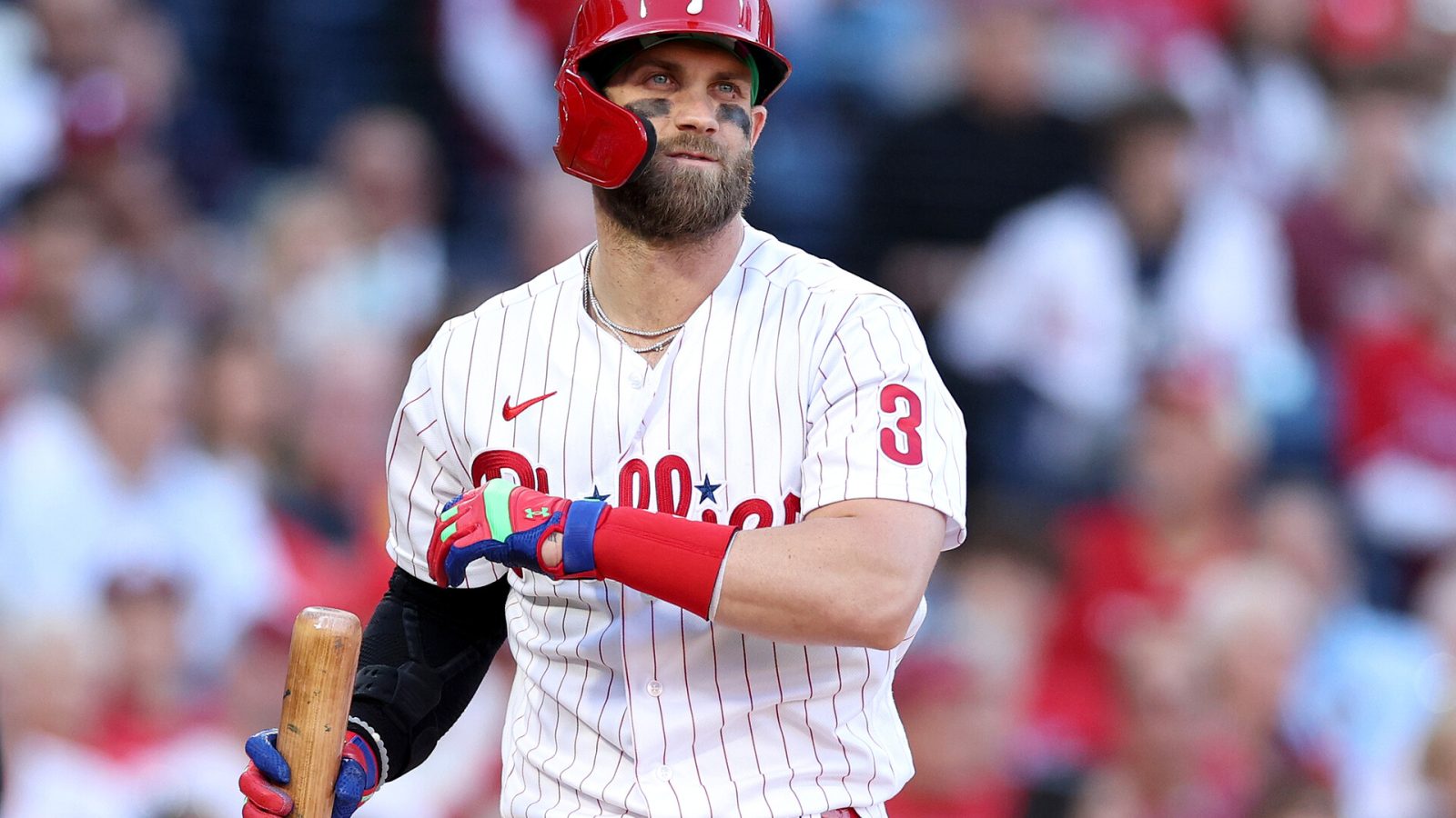 Bryce Harper #3 of the Philadelphia Phillies reacts after striking out against Spencer Strider #65 of the Atlanta Braves during the second inning in game three of the National League Division Series at Citizens Bank Park on October 14, 2022 in Philadelphia, Pennsylvania.