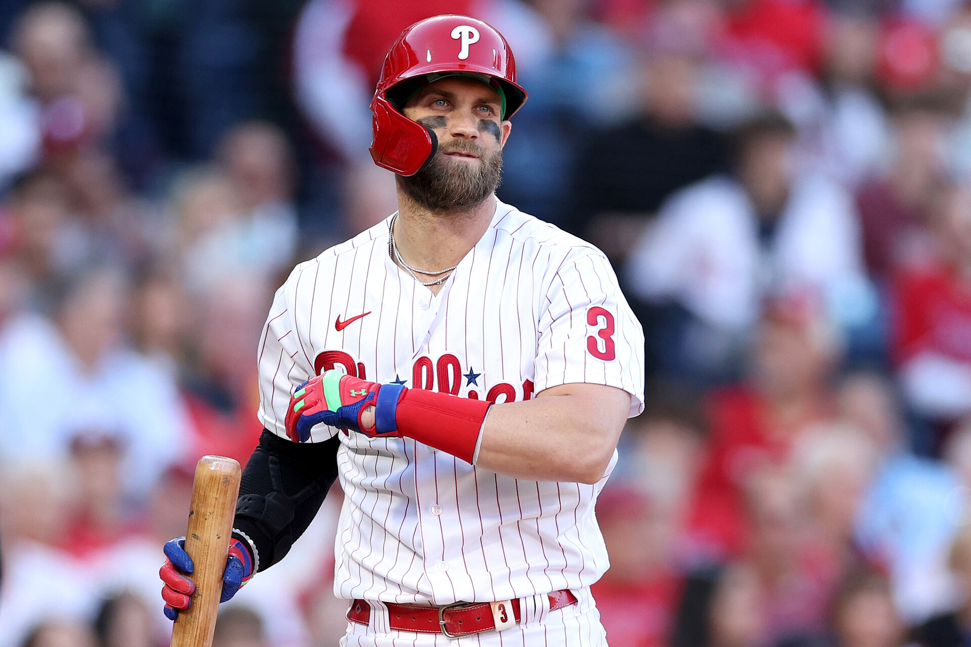 Bryce Harper #3 of the Philadelphia Phillies reacts after striking out against Spencer Strider #65 of the Atlanta Braves during the second inning in game three of the National League Division Series at Citizens Bank Park on October 14, 2022 in Philadelphia, Pennsylvania.