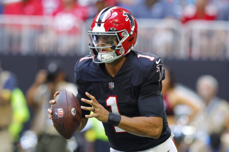 Marcus Mariota #1 of the Atlanta Falcons rolls out to pass during the second half against the San Francisco 49ers at Mercedes-Benz Stadium on October 16, 2022 in Atlanta, Georgia.