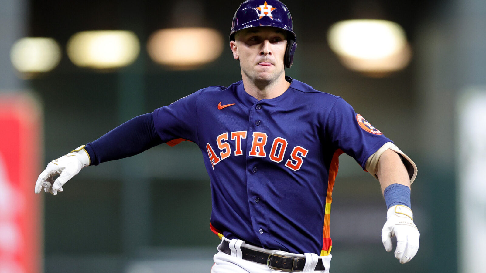 Alex Bregman #2 of the Houston Astros celebrates his three-run home run against the New York Yankees during the third inning in game two of the American League Championship Series at Minute Maid Park on October 20, 2022 in Houston, Texas.