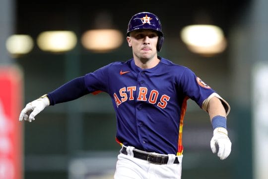 Alex Bregman #2 of the Houston Astros celebrates his three-run home run against the New York Yankees during the third inning in game two of the American League Championship Series at Minute Maid Park on October 20, 2022 in Houston, Texas.