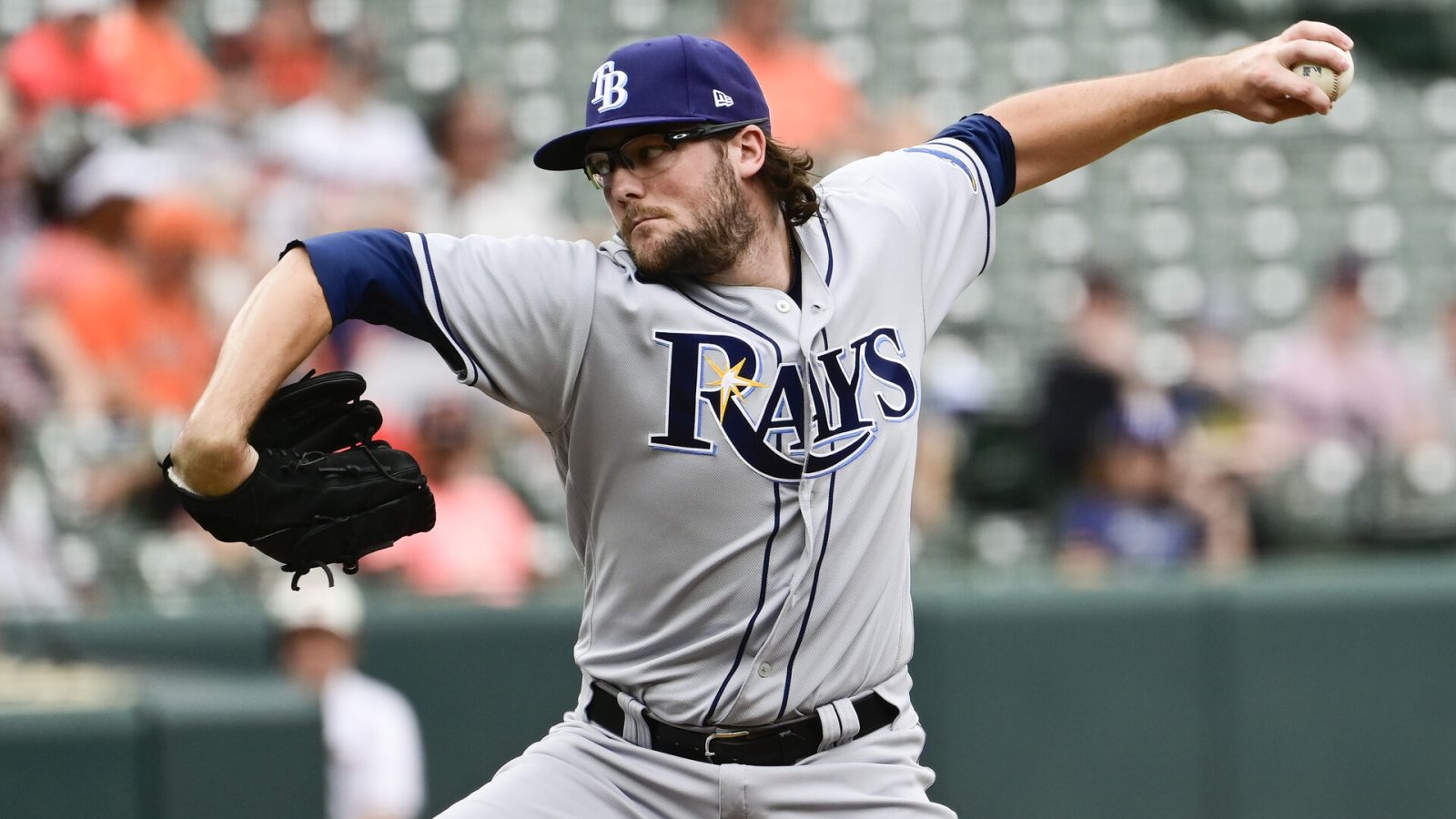Aug 29, 2021; Baltimore, Maryland, USA; Tampa Bay Rays relief pitcher Josh Fleming (19) delivers pitch against the Baltimore Orioles at Oriole Park at Camden Yards.
