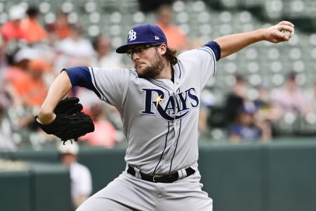 Aug 29, 2021; Baltimore, Maryland, USA; Tampa Bay Rays relief pitcher Josh Fleming (19) delivers pitch against the Baltimore Orioles at Oriole Park at Camden Yards.
