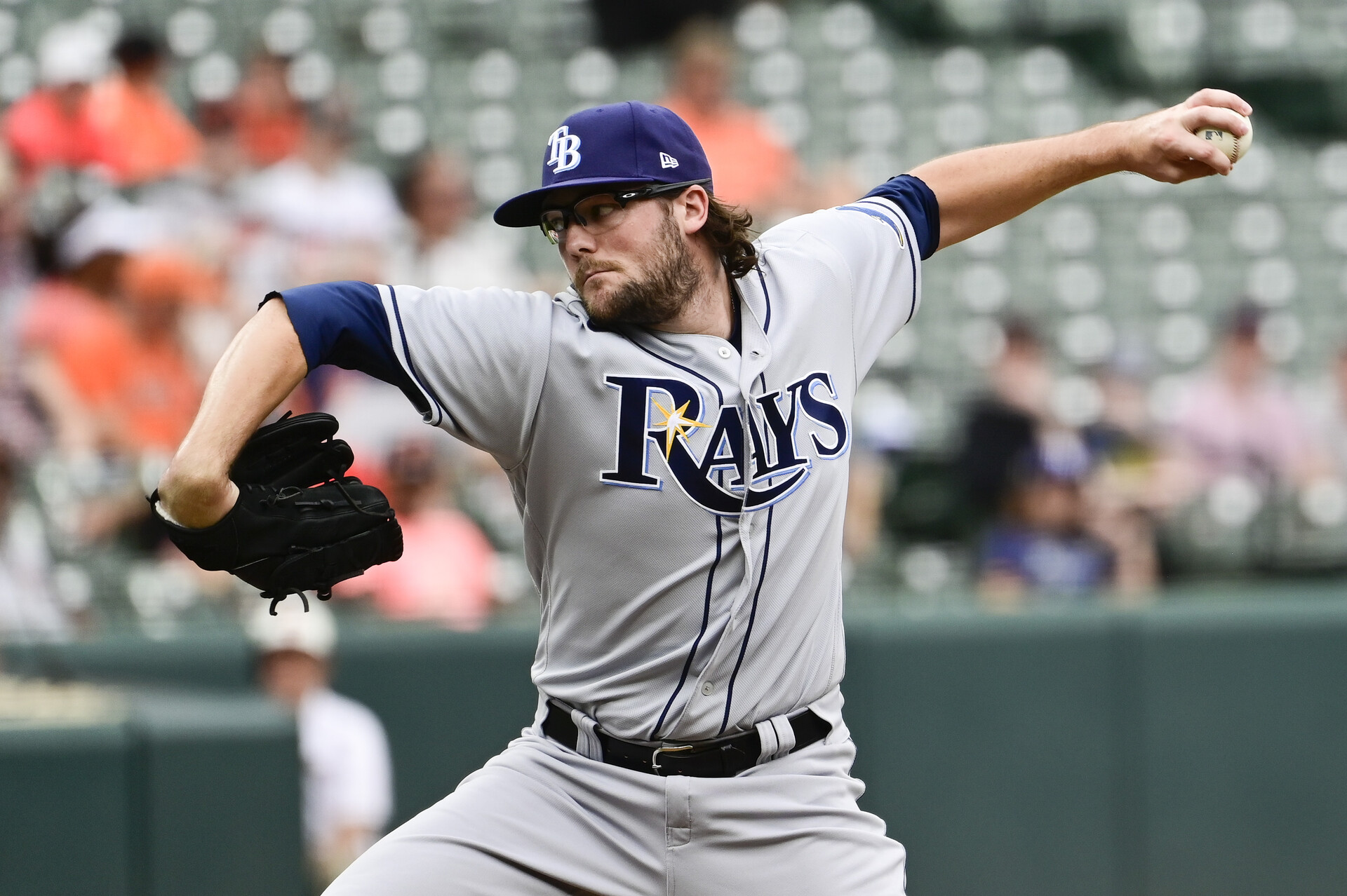 Aug 29, 2021; Baltimore, Maryland, USA; Tampa Bay Rays relief pitcher Josh Fleming (19) delivers pitch against the Baltimore Orioles at Oriole Park at Camden Yards.