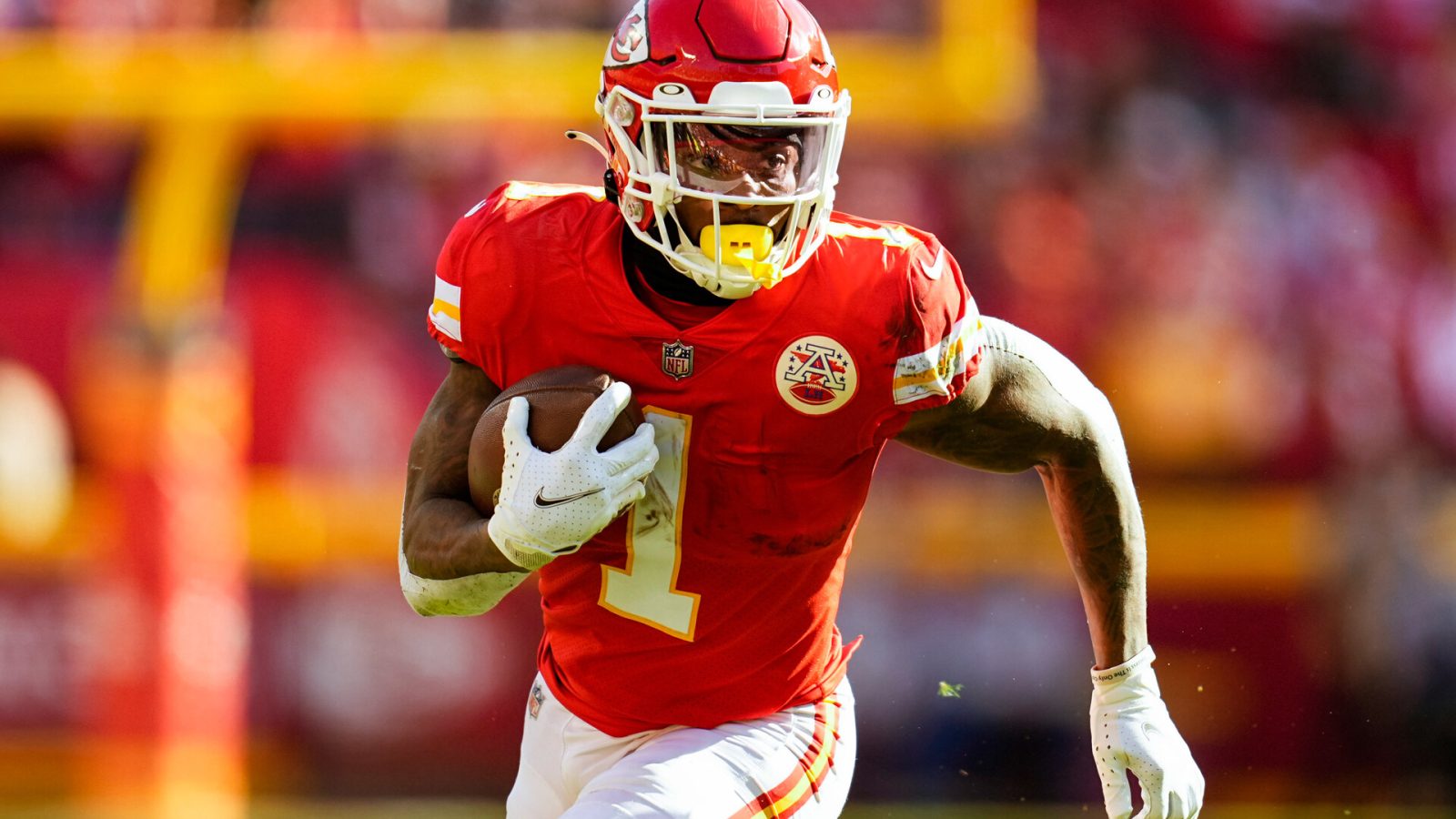 Kansas City Chiefs running back Jerick McKinnon (1) runs the ball during the first half of the AFC Championship game against the Cincinnati Bengals at GEHA Field at Arrowhead Stadium.