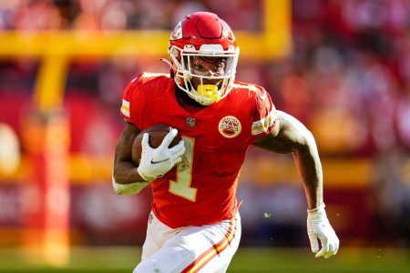Kansas City Chiefs running back Jerick McKinnon (1) runs the ball during the first half of the AFC Championship game against the Cincinnati Bengals at GEHA Field at Arrowhead Stadium.