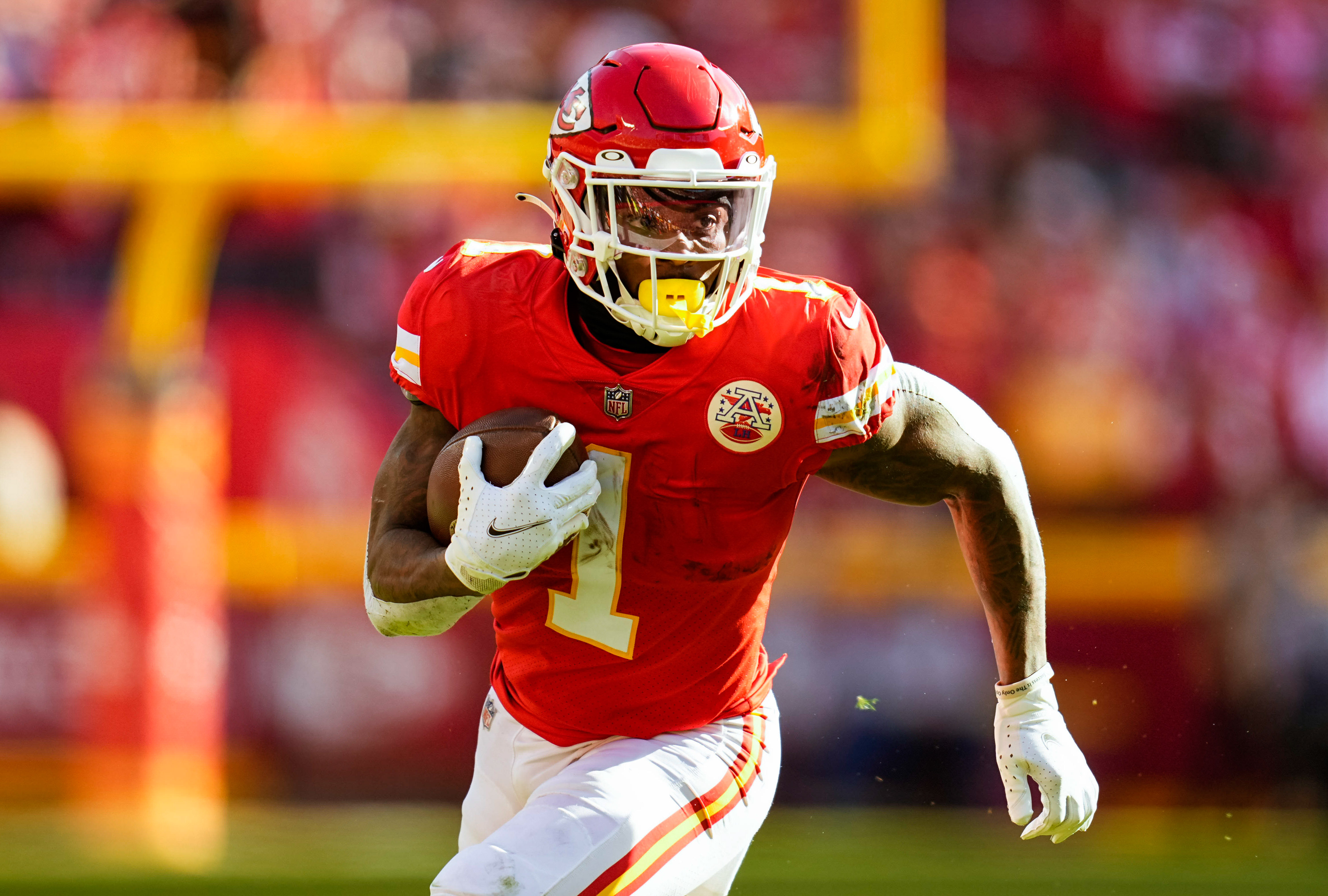 Kansas City Chiefs running back Jerick McKinnon (1) runs the ball during the first half of the AFC Championship game against the Cincinnati Bengals at GEHA Field at Arrowhead Stadium.