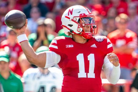 Nebraska Cornhuskers quarterback Casey Thompson (11) passes against the North Dakota Fighting Hawks during the second quarter at Memorial Stadium.