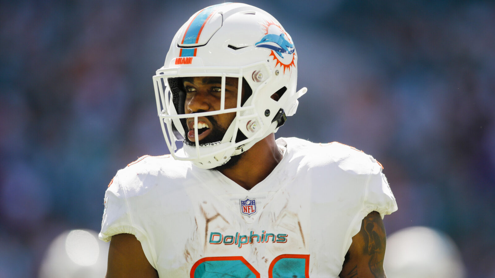 Miami Dolphins running back Raheem Mostert (31) reacts from the field during the fourth quarter against the New England Patriots at Hard Rock Stadium.