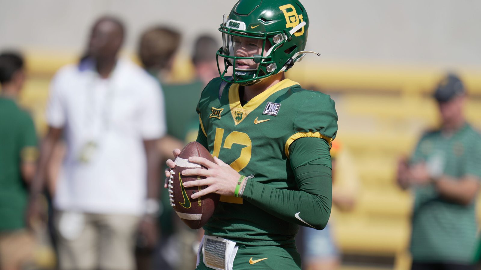 Sep 17, 2022; Waco, Texas, USA; Baylor Bears quarterback Blake Shapen (12) warms up before the game against the Texas State Bobcats at McLane Stadium.