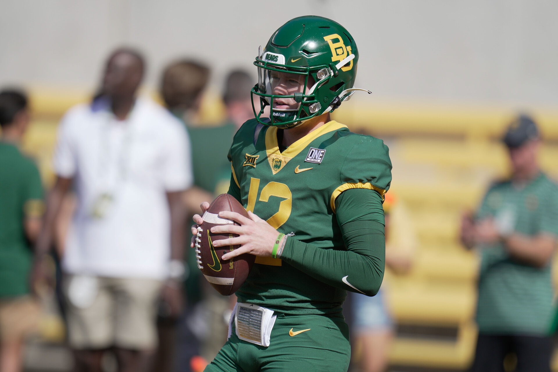 Sep 17, 2022; Waco, Texas, USA; Baylor Bears quarterback Blake Shapen (12) warms up before the game against the Texas State Bobcats at McLane Stadium.