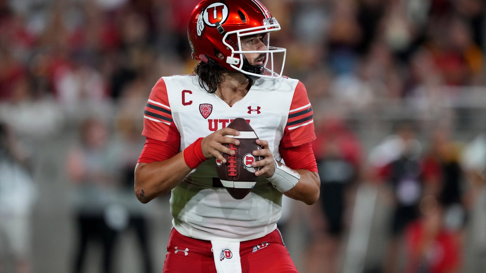 Sep 24, 2022; Tempe, Arizona, USA; Utah Utes quarterback Cameron Rising (7) drops back to pass against the Arizona State Sun Devils during the first half at Sun Devil Stadium.