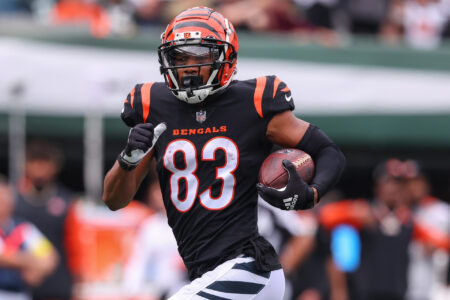 Sep 25, 2022; East Rutherford, New Jersey, USA; Cincinnati Bengals wide receiver Tyler Boyd (83) runs for a touchdown against the New York Jets during the first half at MetLife Stadium.