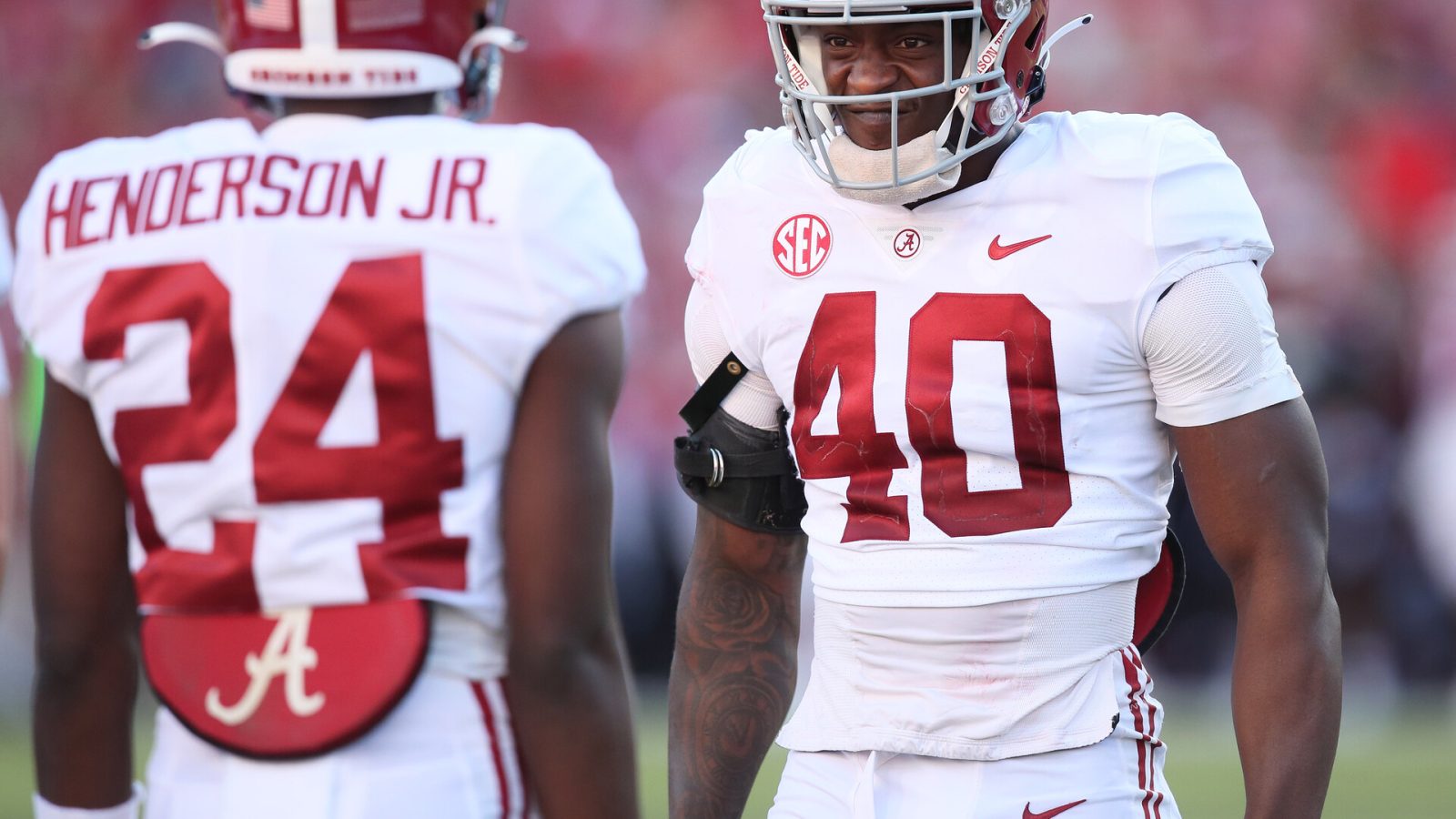 Oct 1, 2022; Fayetteville, Arkansas, USA; Alabama Crimson Tide linebacker Kendrick Blackshirt (40) celebrates after a play in the fourth quarter against the Arkansas Razorbacks at Donald W. Reynolds Razorback Stadium. Alabama won 49-26.