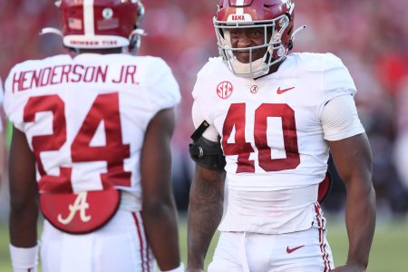 Oct 1, 2022; Fayetteville, Arkansas, USA; Alabama Crimson Tide linebacker Kendrick Blackshirt (40) celebrates after a play in the fourth quarter against the Arkansas Razorbacks at Donald W. Reynolds Razorback Stadium. Alabama won 49-26.