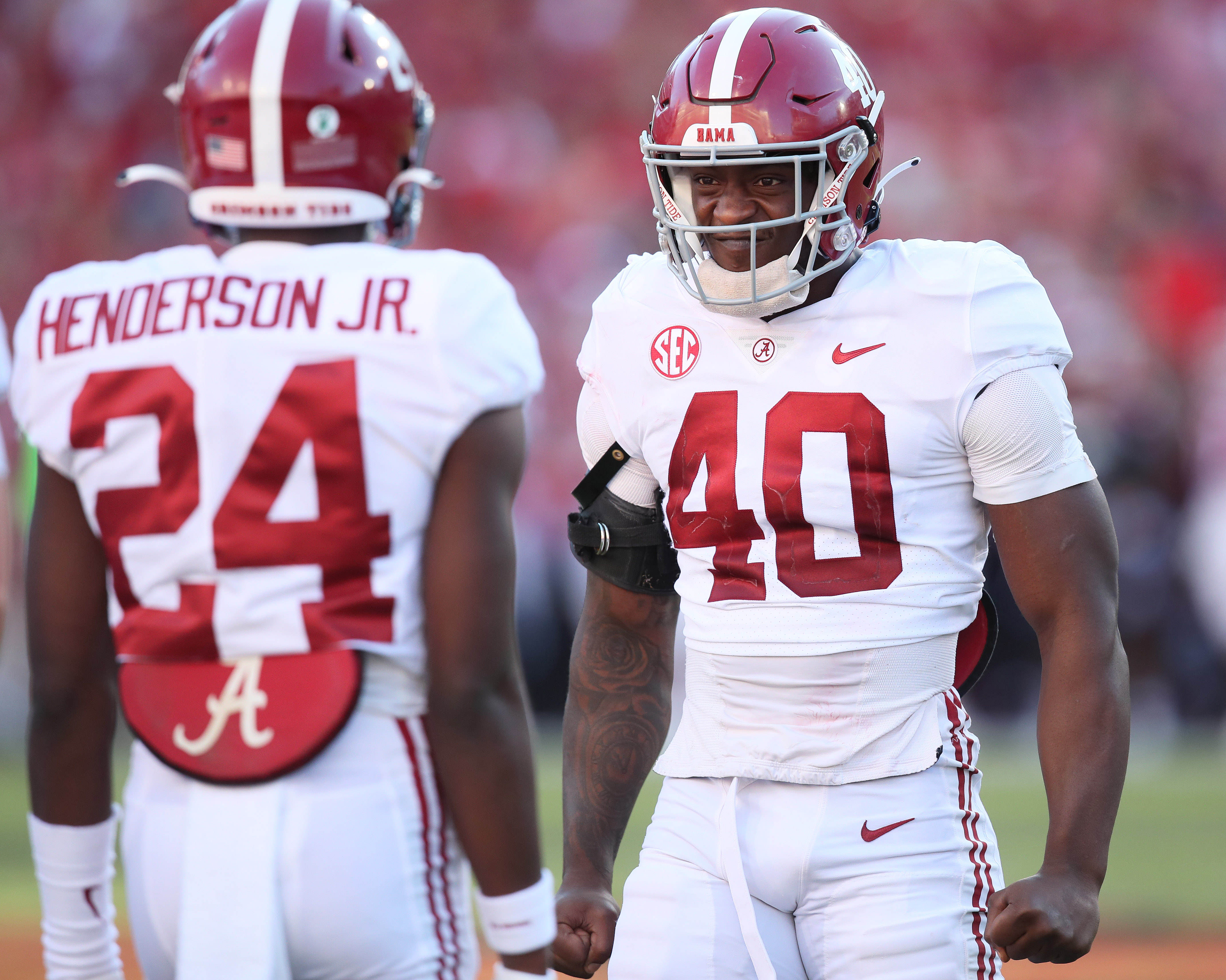 Oct 1, 2022; Fayetteville, Arkansas, USA; Alabama Crimson Tide linebacker Kendrick Blackshirt (40) celebrates after a play in the fourth quarter against the Arkansas Razorbacks at Donald W. Reynolds Razorback Stadium. Alabama won 49-26.