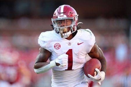 Oct 1, 2022; Fayetteville, Arkansas, USA; Alabama Crimson Tide running back Jahmyr Gibbs (1) rushes for a touchdown in the fourth quarter against the Arkansas Razorbacks at Donald W. Reynolds Razorback Stadium. Alabama won 49-26.
