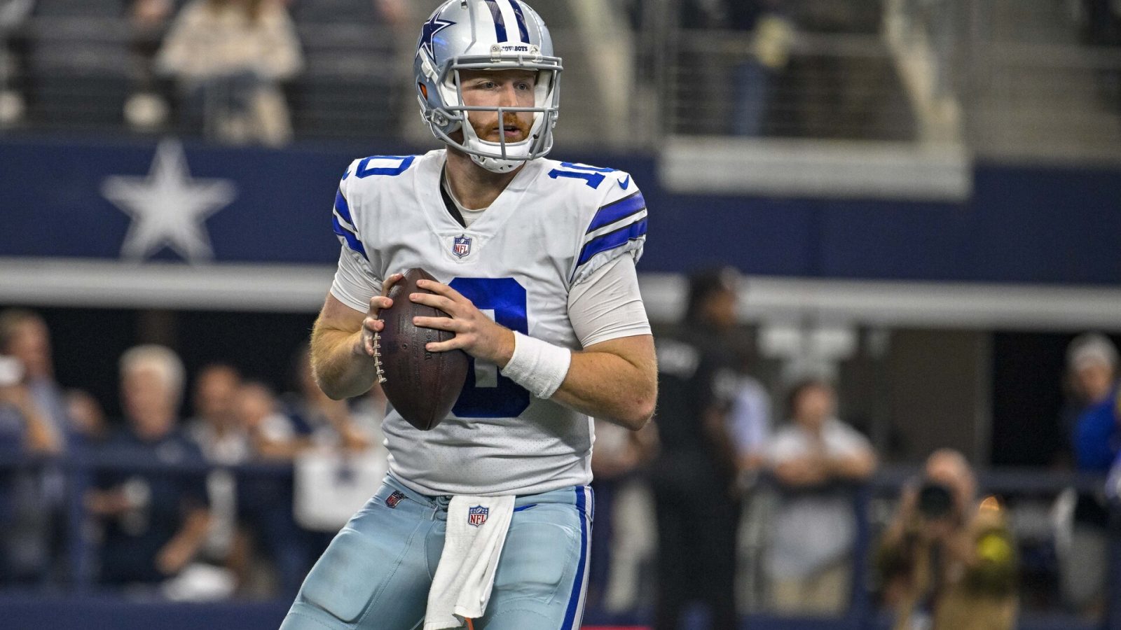 Oct 2, 2022; Arlington, Texas, USA; Dallas Cowboys quarterback Cooper Rush (10) in action during the game between the Dallas Cowboys and the Washington Commanders AT&T Stadium.