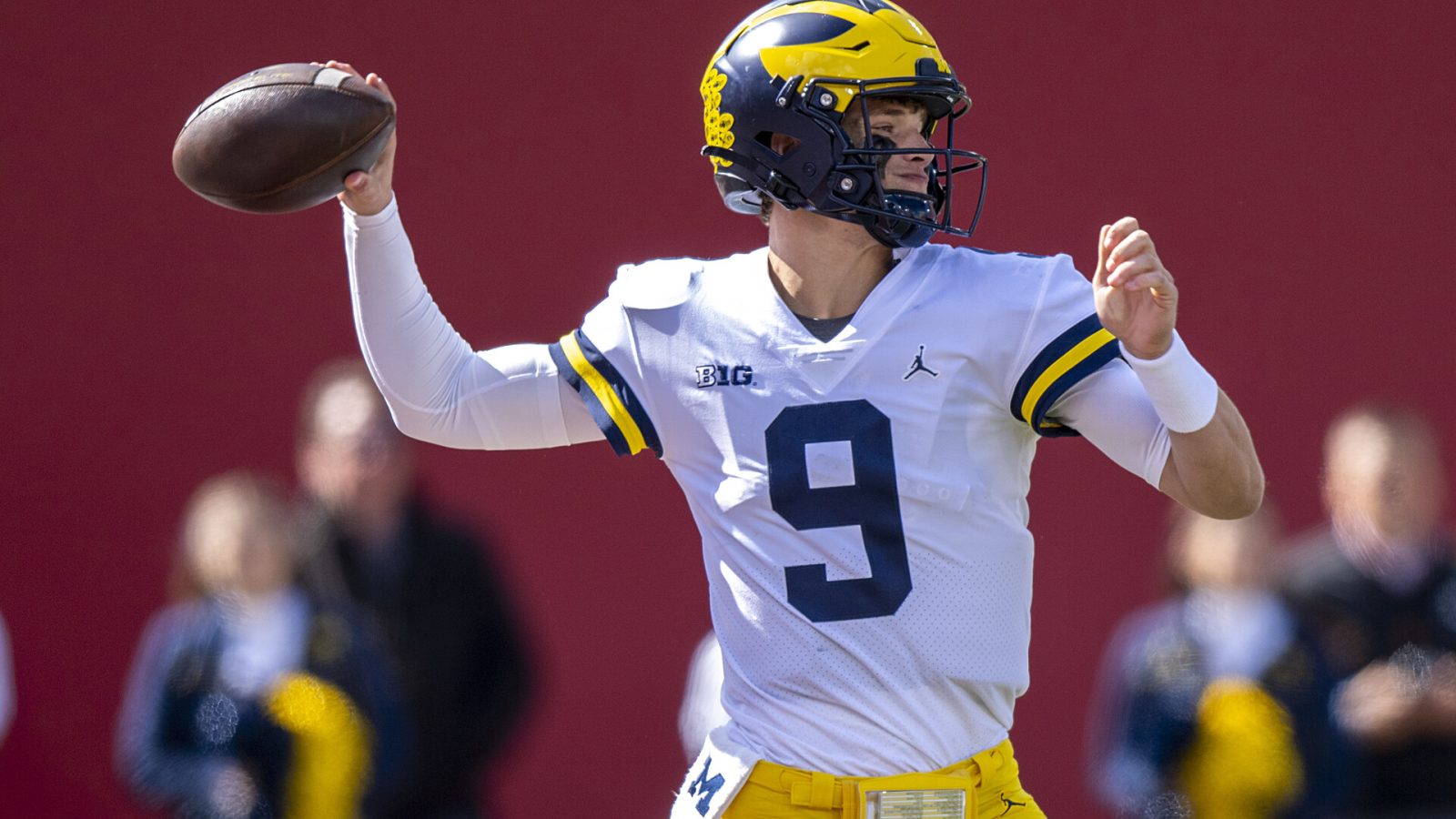 Oct 8, 2022; Bloomington, Indiana, USA; Michigan Wolverines quarterback J.J. McCarthy (9) throws a pass during the second half against the Indiana Hoosiers at Memorial Stadium. Wolverines won 31 to 10.