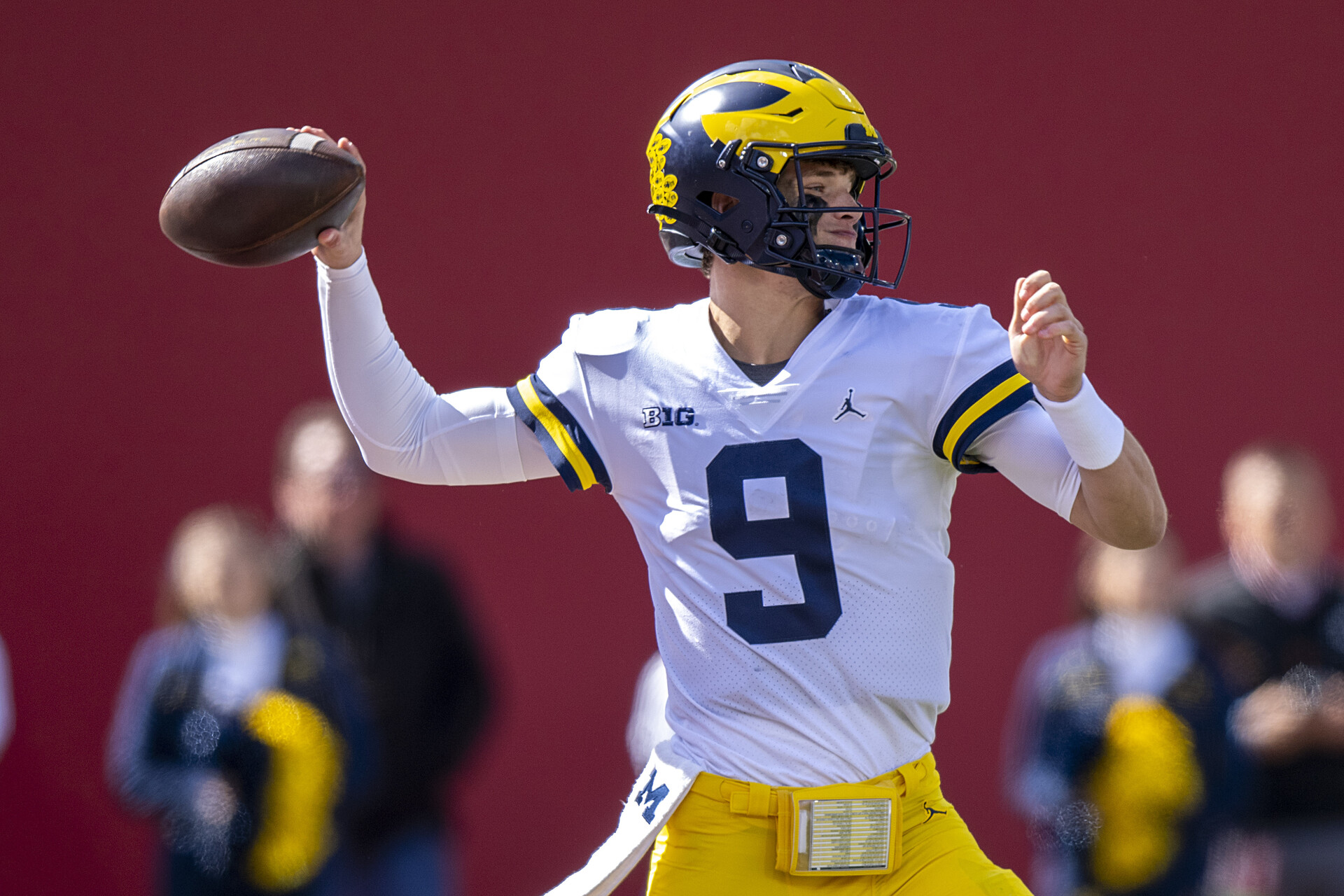 Oct 8, 2022; Bloomington, Indiana, USA; Michigan Wolverines quarterback J.J. McCarthy (9) throws a pass during the second half against the Indiana Hoosiers at Memorial Stadium. Wolverines won 31 to 10.