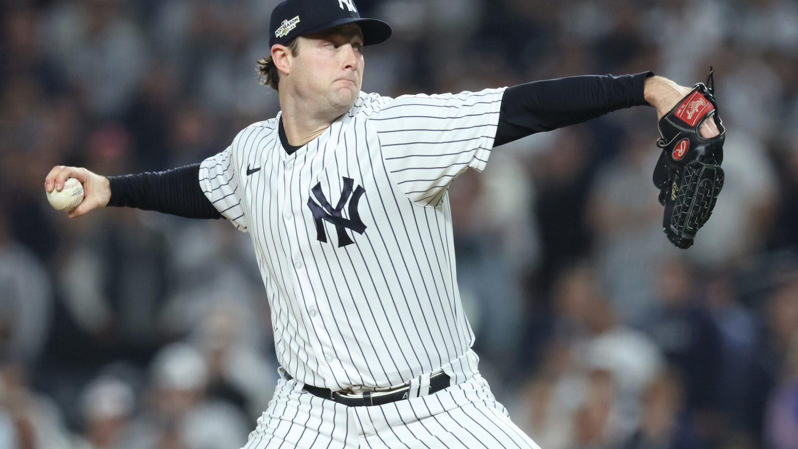 Oct 11, 2022; Bronx, New York, USA; New York Yankees starting pitcher Gerrit Cole (45) throws a pitch during the first inning in game one of the ALDS against the Cleveland Guardians for the 2022 MLB Playoffs at Yankee Stadium.